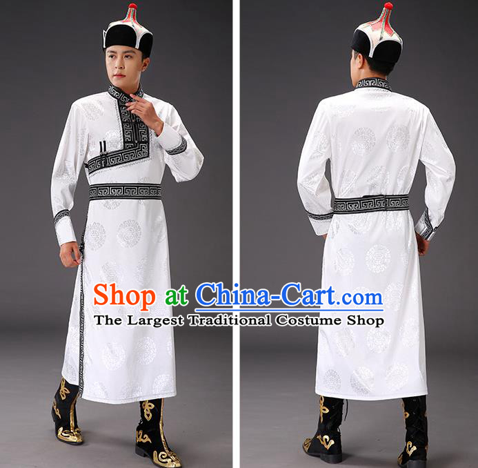 Chinese Traditional Mongol Minority Men White Mongolian Robe Costume Ethnic Stage Performance Garment