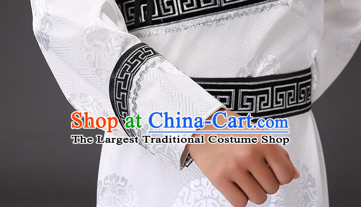 Chinese Traditional Mongol Minority Men White Mongolian Robe Costume Ethnic Stage Performance Garment