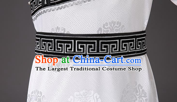 Chinese Traditional Mongol Minority Men White Mongolian Robe Costume Ethnic Stage Performance Garment