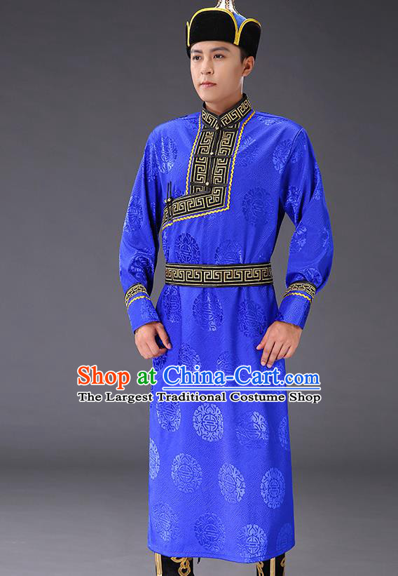 Chinese Traditional Mongol Minority Men Royalblue Mongolian Robe Costume Ethnic Stage Performance Garment