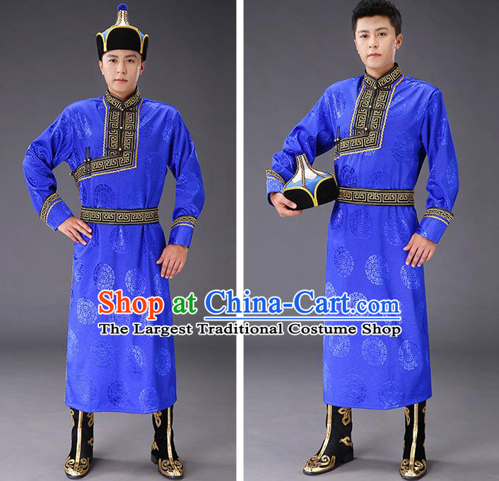 Chinese Traditional Mongol Minority Men Royalblue Mongolian Robe Costume Ethnic Stage Performance Garment