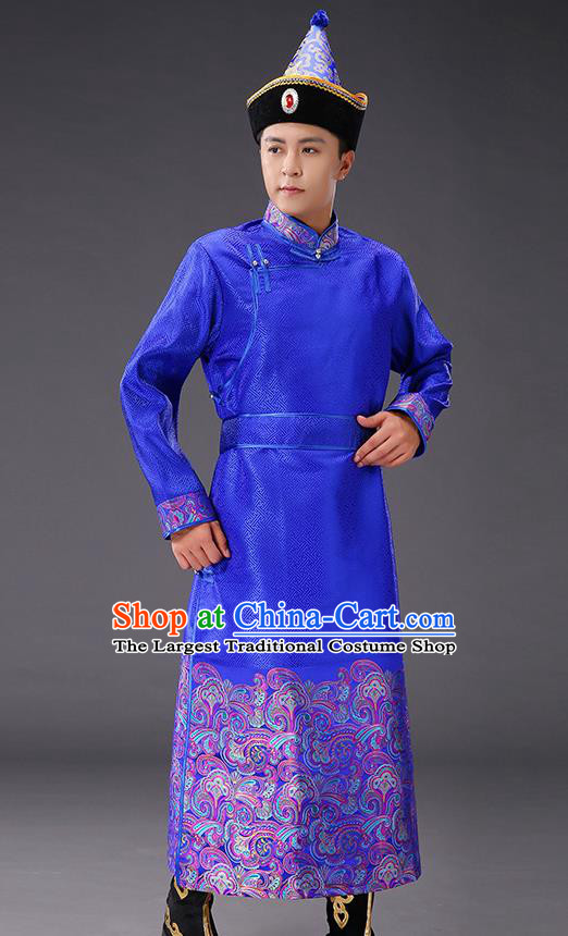 Chinese Traditional Mongol Minority Men Costume Ethnic Stage Performance Garment Royalblue Brocade Mongolian Robe