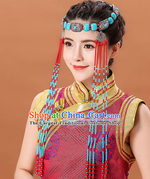 Traditional Chinese Mongol Minority Women Beads Long Tassel Headband Mongolian Hair Accessories Ethnic Dance Hair Clasp