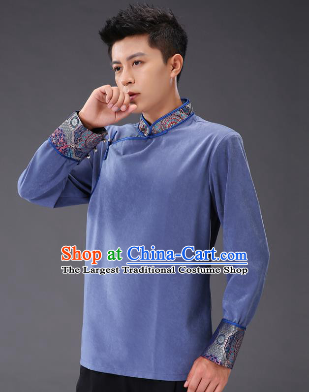 Chinese Traditional Mongol Minority Costume Ethnic Men Shirt Garment Mongolian Blue Jacket