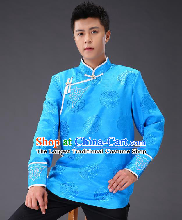 Chinese Traditional Mongol Minority Costume Ethnic Men Shirt Garment Mongolian Light Blue Jacket