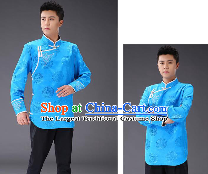 Chinese Traditional Mongol Minority Costume Ethnic Men Shirt Garment Mongolian Light Blue Jacket