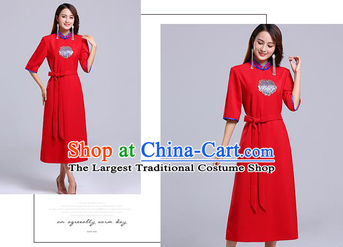 Traditional Chinese Ethnic Women Red Informal Dress Mongol Minority Garment Mongolian Nationality Apparels Costume