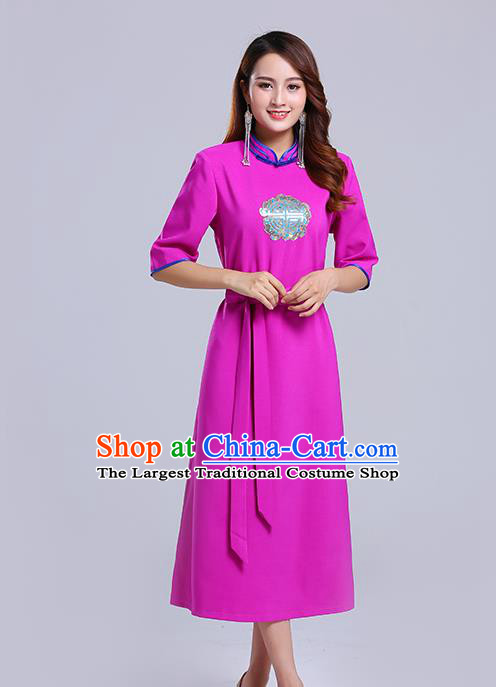 Traditional Chinese Ethnic Women Rosy Informal Dress Mongol Minority Garment Mongolian Nationality Apparels Costume