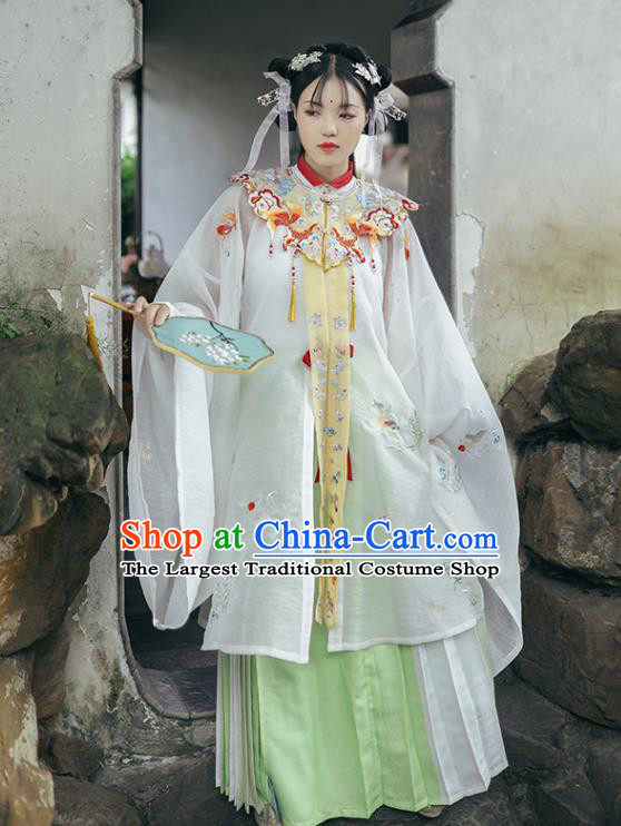 Chinese Traditional Ancient Ming Dynasty Noble Lady Garment Hanfu Costumes Embroidered Cloud Shoulder Blouse and Skirt Full Set