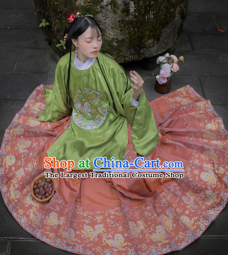 Chinese Traditional Ancient Princess Garment Hanfu Costumes Ming Dynasty Embroidered Green Blouse and Pink Skirt Full Set