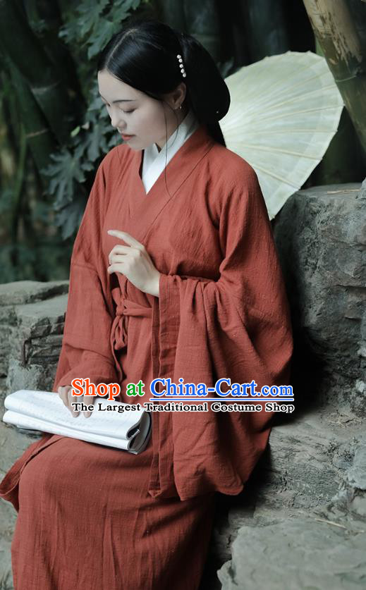 Chinese Traditional Ancient Palace Woman Garment Jin Dynasty Imperial Consort Red Flax Dress Hanfu Costumes