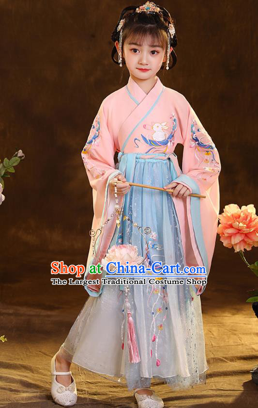 Chinese Traditional Hanfu Pink Blouse and Blue Skirt Ancient Jin Dynasty Girl Costumes Apparels for Kids