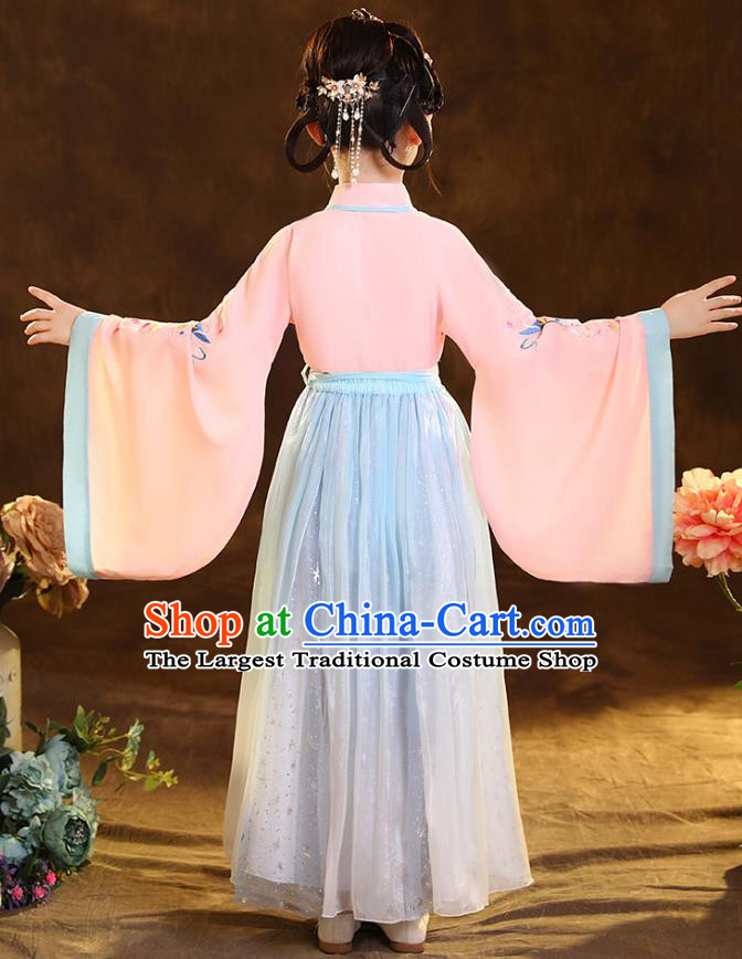 Chinese Traditional Hanfu Pink Blouse and Blue Skirt Ancient Jin Dynasty Girl Costumes Apparels for Kids