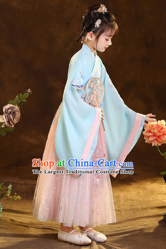 Chinese Traditional Hanfu Blue Blouse and Pink Skirt Ancient Jin Dynasty Girl Costumes Apparels for Kids