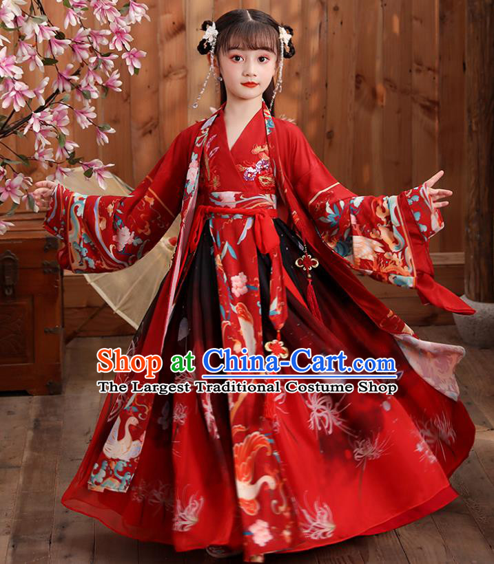 Chinese Traditional Royal Princess Hanfu Red Blouse and Skirt Ancient Han Dynasty Girl Costumes Apparels for Kids