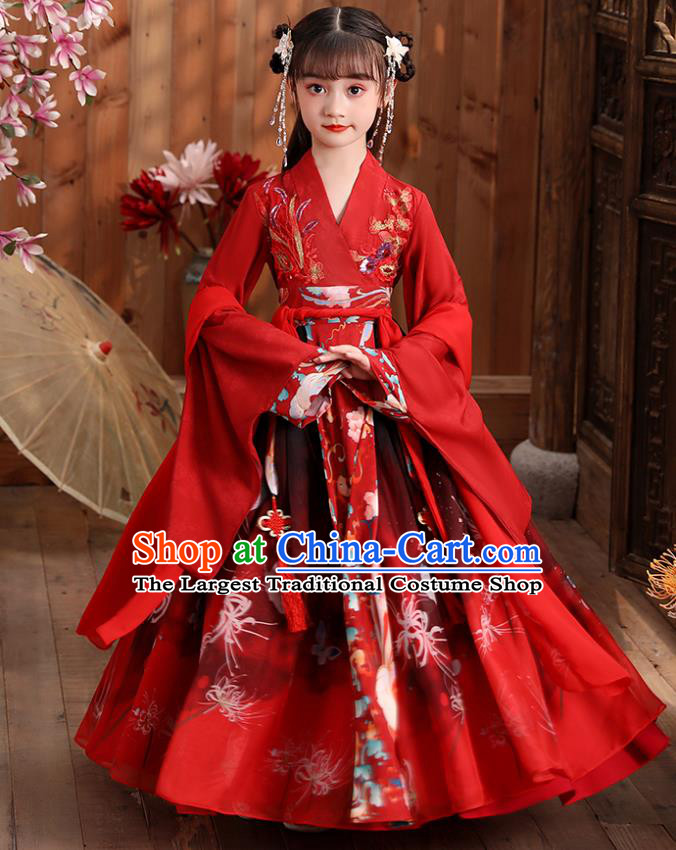 Chinese Traditional Royal Princess Hanfu Red Blouse and Skirt Ancient Han Dynasty Girl Costumes Apparels for Kids