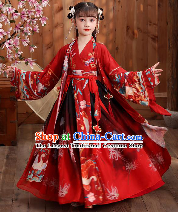 Chinese Traditional Royal Princess Hanfu Red Blouse and Skirt Ancient Han Dynasty Girl Costumes Apparels for Kids