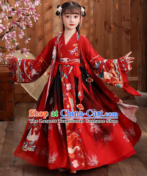 Chinese Traditional Royal Princess Hanfu Red Blouse and Skirt Ancient Han Dynasty Girl Costumes Apparels for Kids