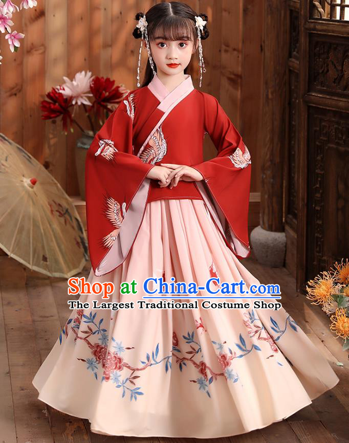 Chinese Traditional Hanfu Dress Ancient Ming Dynasty Girl Costumes Red Blouse and Skirt Apparels for Kids