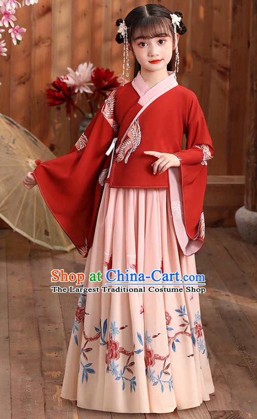 Chinese Traditional Hanfu Dress Ancient Ming Dynasty Girl Costumes Red Blouse and Skirt Apparels for Kids