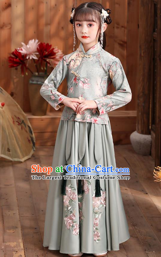 Chinese Traditional Tang Suit Hanfu Dress Ancient Girl Costumes Printing Blue Blouse and Skirt Apparels for Kids