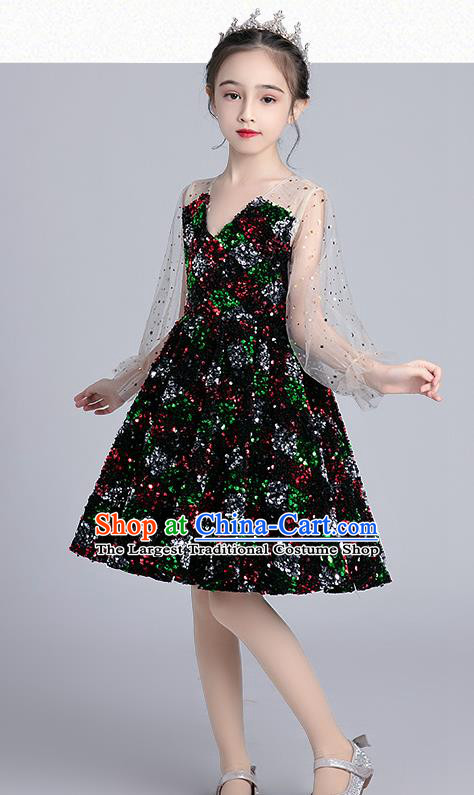 Top Grade Girls Stage Show Black Short Dress Children Birthday Costume Baby Compere Paillette Full Dress