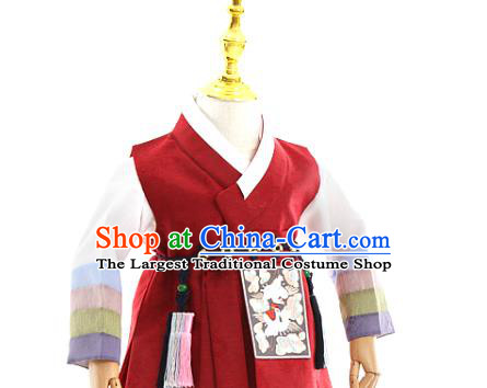 Asian Korea Traditional Embroidered Wine Red Shirt and Pants Children Birthday Fashion Korean Apparels Hanbok Costumes for Kids