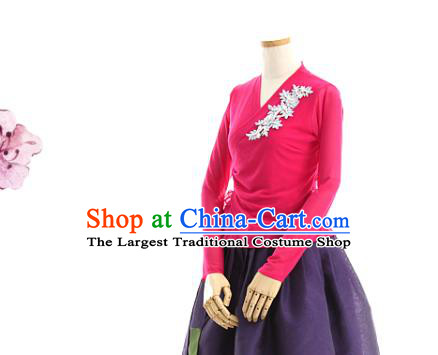 Korean Woman Traditional Rosy Veil Blouse and Purple Skirt Korea Dance Fashion National Costumes Hanbok Apparels