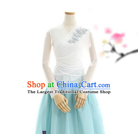 Korean Woman Traditional White Veil Blouse and Light Blue Skirt Korea Dance Fashion National Costumes Hanbok Apparels