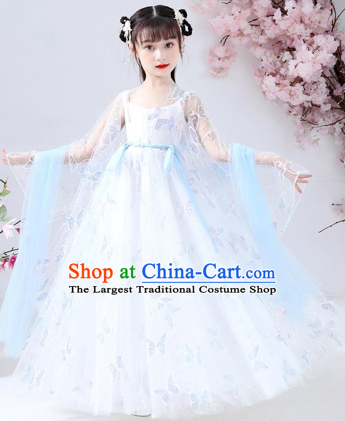 Chinese Traditional Tang Suit White Hanfu Dress Ancient Girl Costumes Stage Show Apparels for Kids