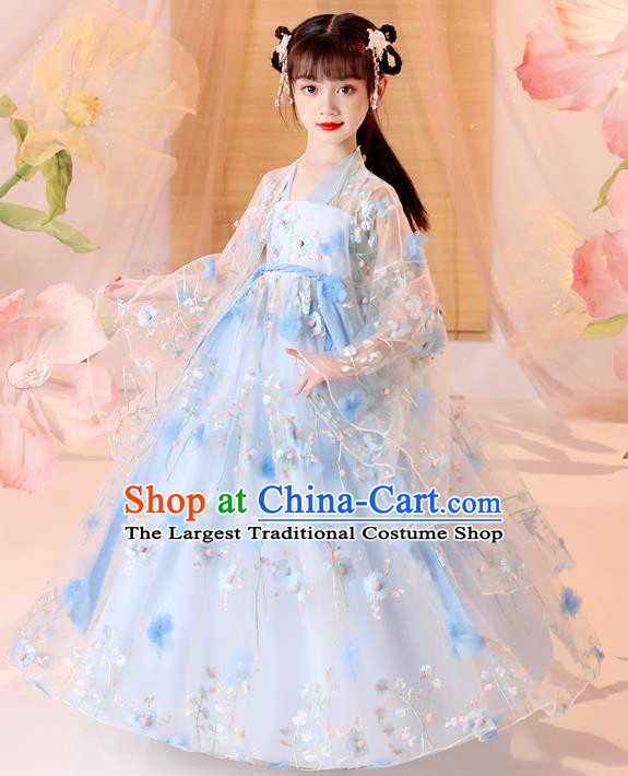 Chinese Traditional Blue Hanfu Dress Ancient Song Dynasty Girl Costumes Stage Show Apparels for Kids