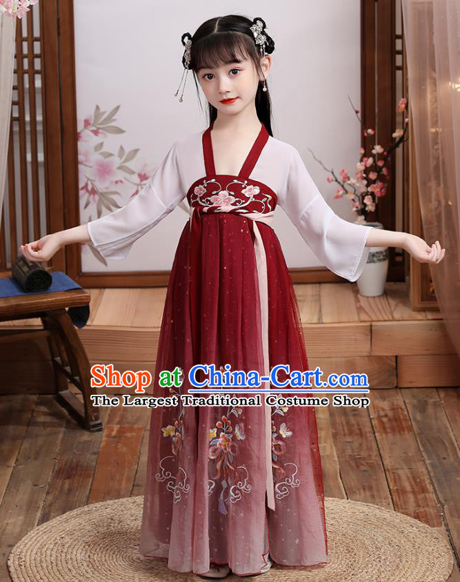 Chinese Traditional Tang Dynasty Hanfu Dress Ancient Girl Costumes Stage Show Apparels Blouse and Red Skirt for Kids