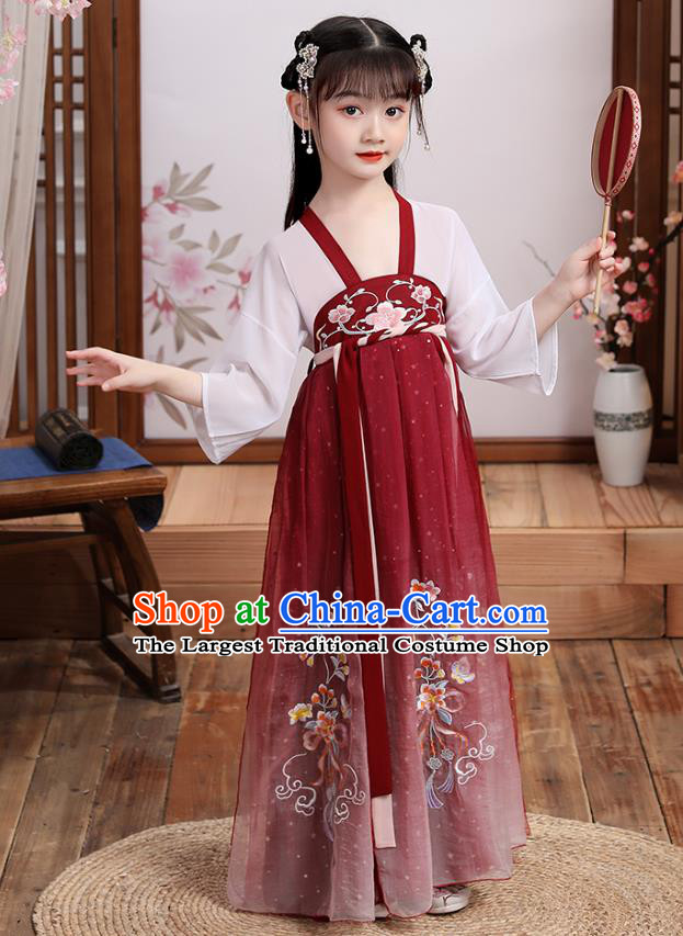 Chinese Traditional Tang Dynasty Hanfu Dress Ancient Girl Costumes Stage Show Apparels Blouse and Red Skirt for Kids