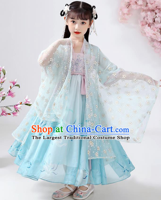 Chinese Traditional Song Dynasty Hanfu Dress Ancient Girl Costumes Stage Show Apparels Blue Cloak Blouse and Skirt for Kids