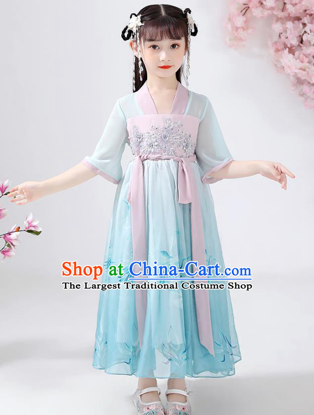 Chinese Traditional Song Dynasty Hanfu Dress Ancient Girl Costumes Stage Show Apparels Blue Cloak Blouse and Skirt for Kids