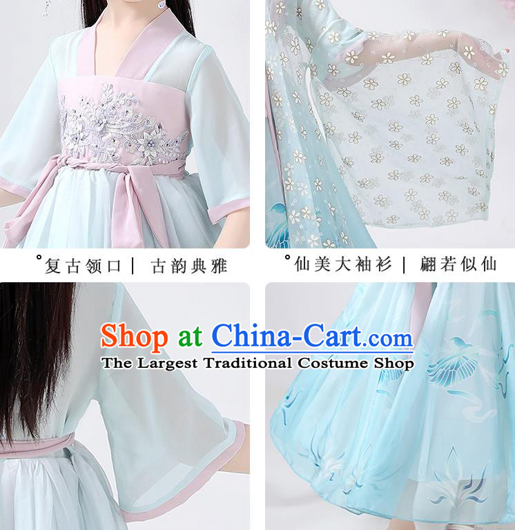 Chinese Traditional Song Dynasty Hanfu Dress Ancient Girl Costumes Stage Show Apparels Blue Cloak Blouse and Skirt for Kids