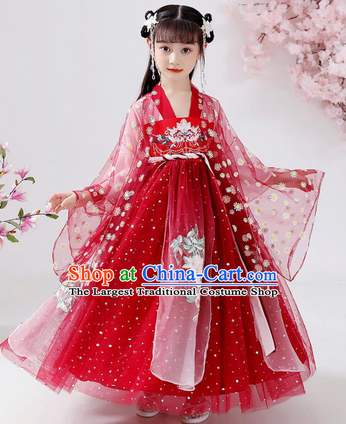 Chinese Traditional Tang Dynasty Hanfu Dress Ancient Girl Costumes Stage Show Apparels Red Cape Blouse and Slip Dress for Kids