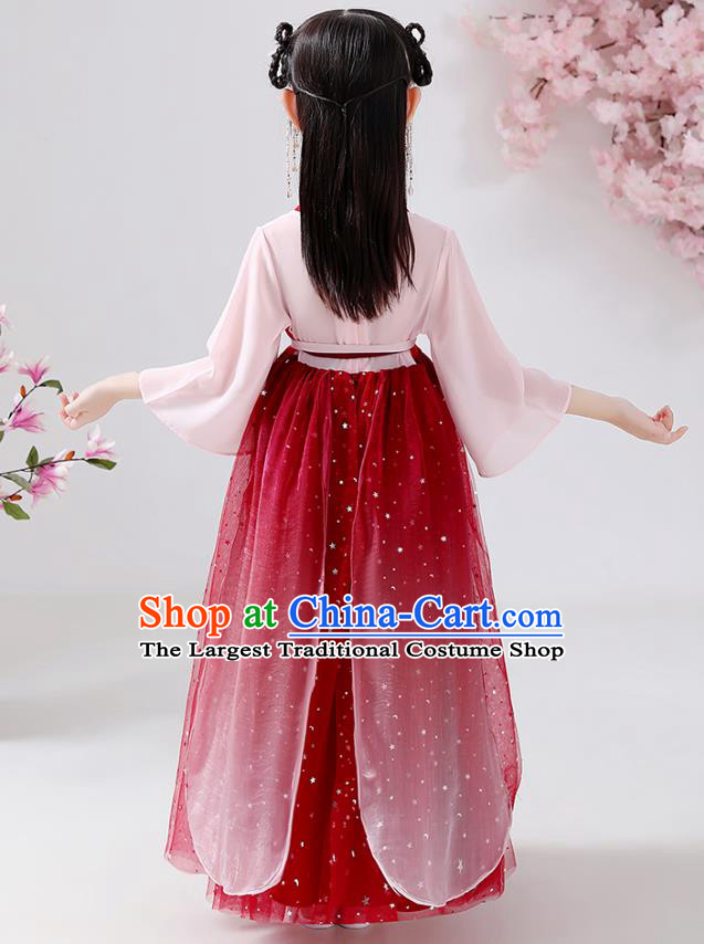 Chinese Traditional Tang Dynasty Hanfu Dress Ancient Girl Costumes Stage Show Apparels Red Cape Blouse and Slip Dress for Kids