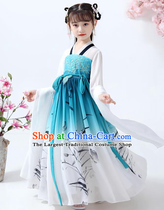Chinese Traditional Song Dynasty Hanfu Dress Ancient Girl Costumes Stage Show Apparels Navy Cape Blouse and Ink Painting Orchid Dress for Kids
