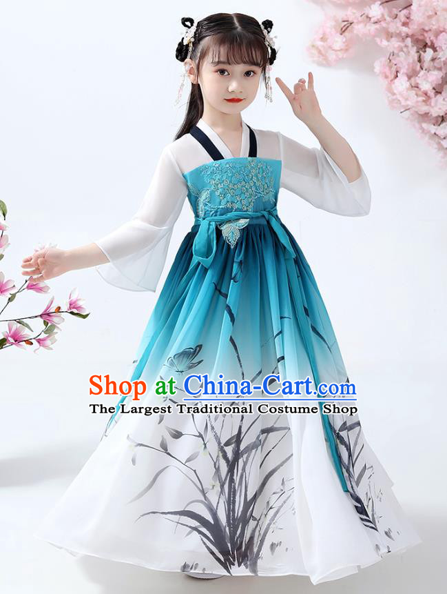 Chinese Traditional Song Dynasty Hanfu Dress Ancient Girl Costumes Stage Show Apparels Navy Cape Blouse and Ink Painting Orchid Dress for Kids