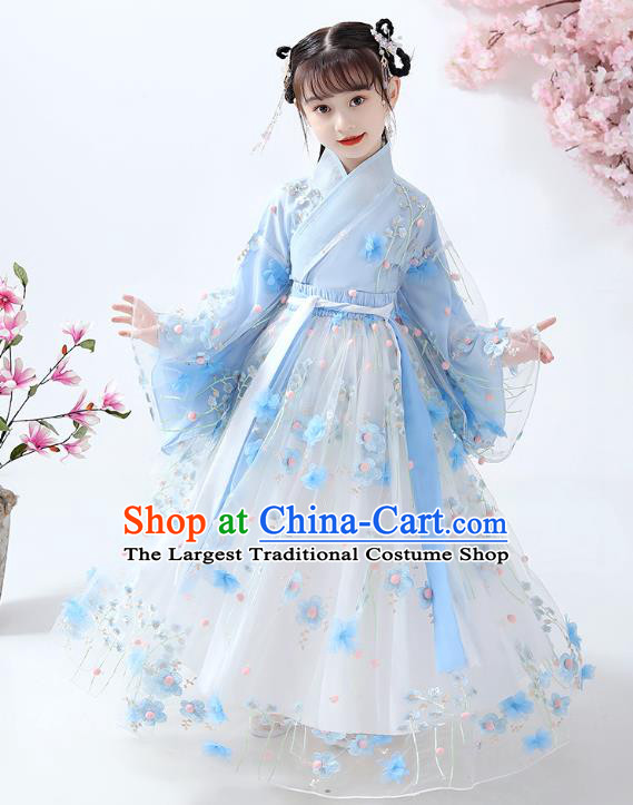 Chinese Traditional Ming Dynasty Hanfu Dress Ancient Girl Costumes Stage Show Apparels Blue Blouse and Flowers Skirt for Kids