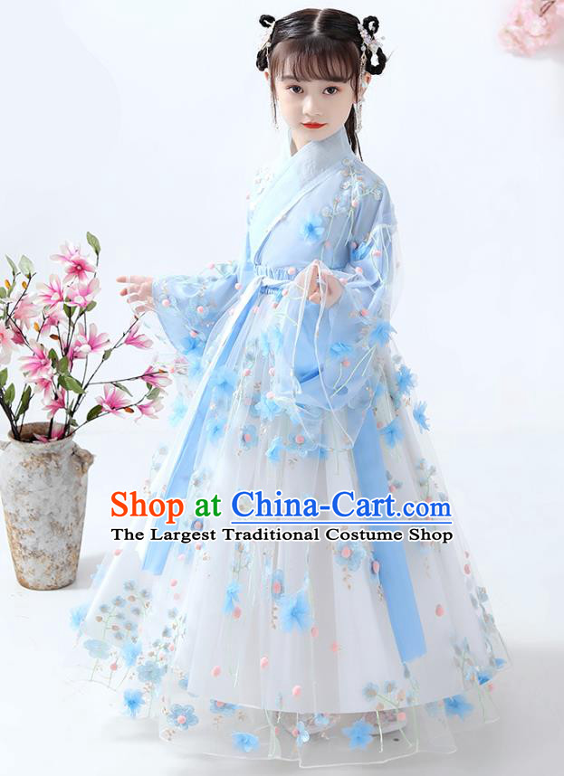 Chinese Traditional Ming Dynasty Hanfu Dress Ancient Girl Costumes Stage Show Apparels Blue Blouse and Flowers Skirt for Kids