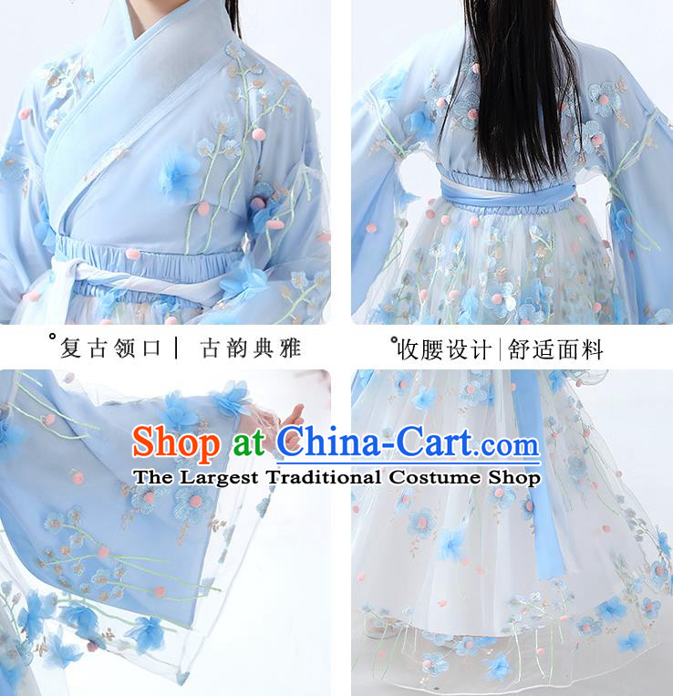 Chinese Traditional Ming Dynasty Hanfu Dress Ancient Girl Costumes Stage Show Apparels Blue Blouse and Flowers Skirt for Kids
