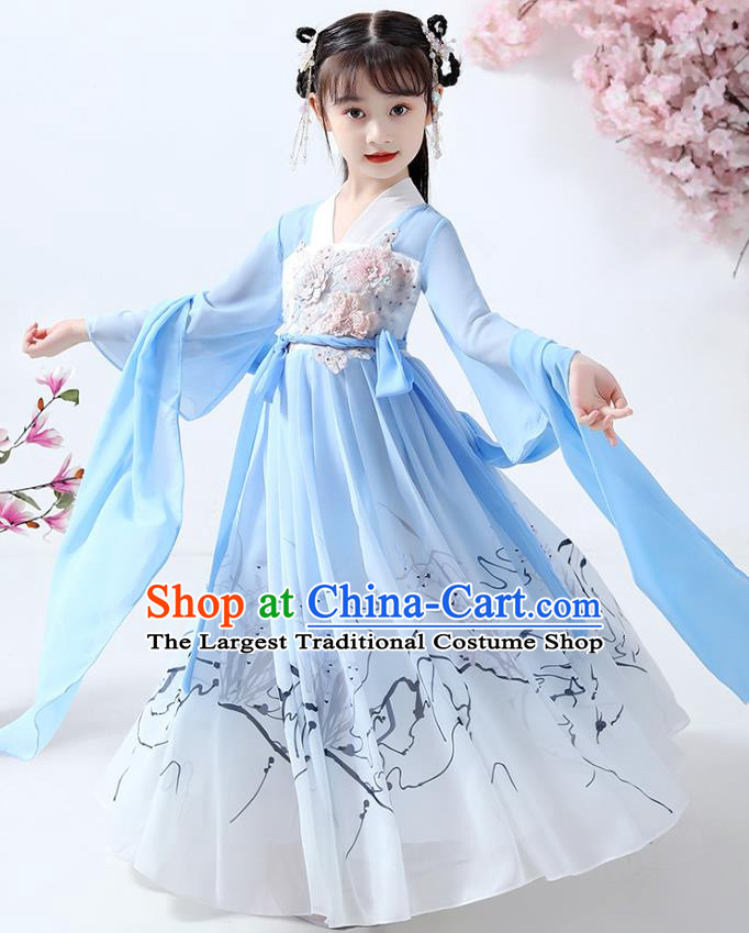 Chinese Traditional Song Dynasty Girl Hanfu Dress Ancient Children Costumes Stage Show Apparels Blue Chiffon Cape Blouse and Skirt for Kids