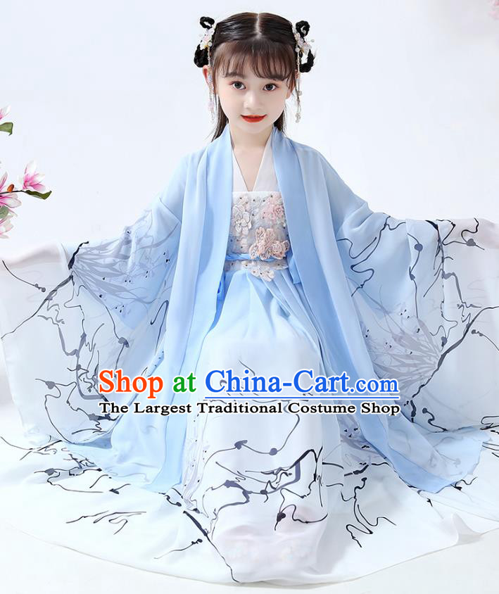 Chinese Traditional Song Dynasty Girl Hanfu Dress Ancient Children Costumes Stage Show Apparels Blue Chiffon Cape Blouse and Skirt for Kids