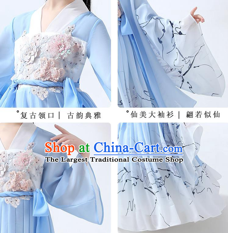 Chinese Traditional Song Dynasty Girl Hanfu Dress Ancient Children Costumes Stage Show Apparels Blue Chiffon Cape Blouse and Skirt for Kids