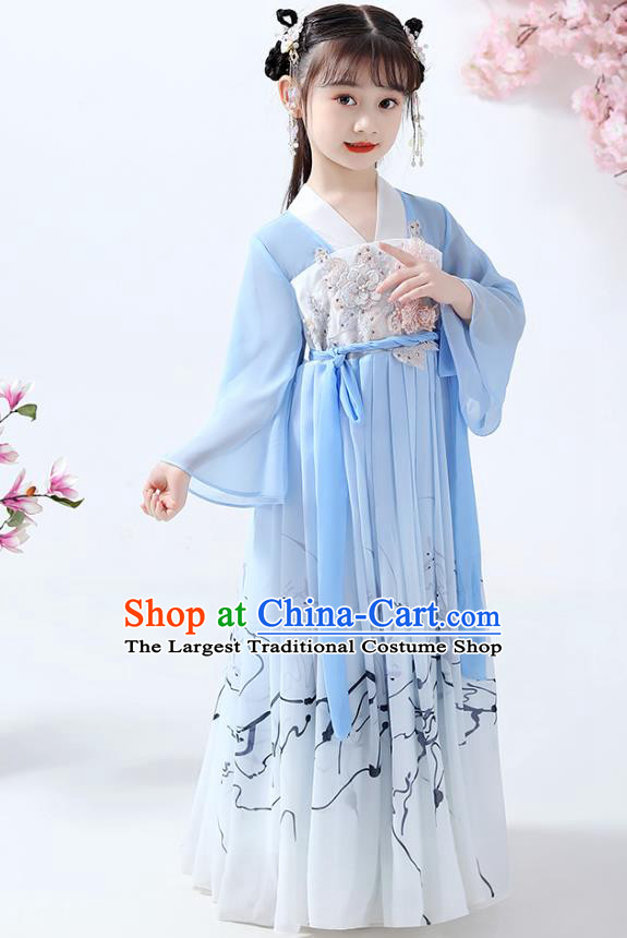 Chinese Traditional Song Dynasty Girl Hanfu Dress Ancient Children Costumes Stage Show Apparels Blue Chiffon Cape Blouse and Skirt for Kids