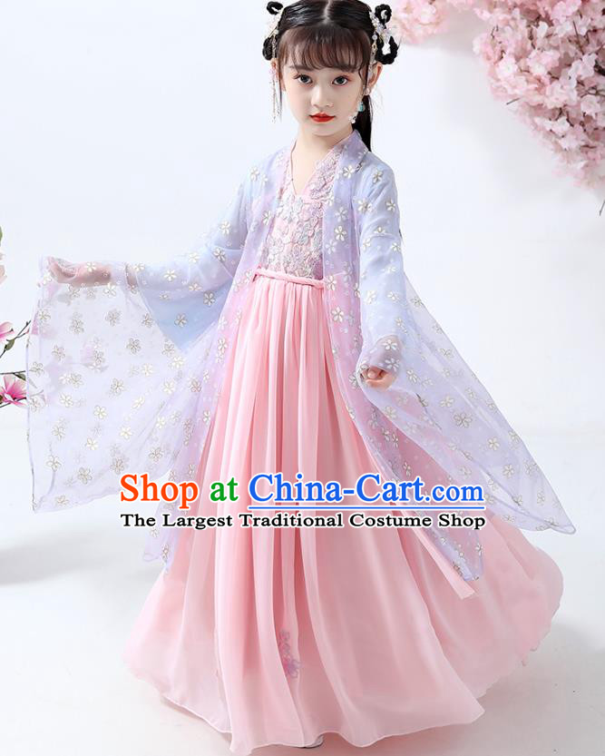 Chinese Traditional Ming Dynasty Girl Hanfu Dress Ancient Princess Costumes Stage Show Apparels Blue Cape Blouse and Pink Skirt for Kids