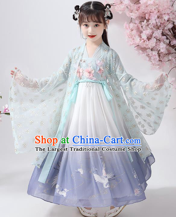 Chinese Traditional Printing Hanfu Dress Ancient Princess Costumes Stage Show Girl Green Cape Blouse and Skirt Apparels for Kids