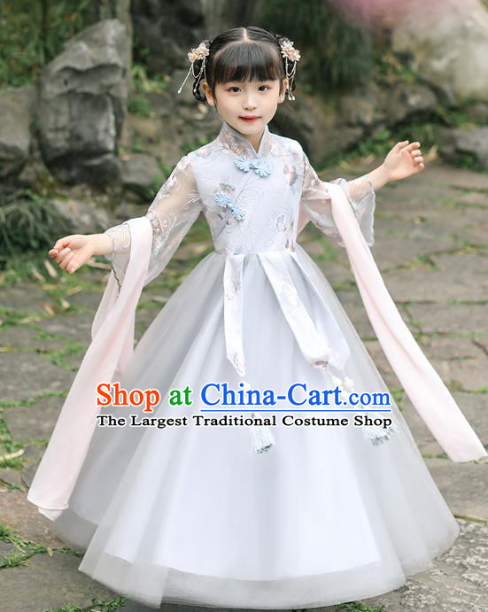 Chinese Traditional Tang Suit Grey Qipao Dress Ancient Girl Costumes Stage Show Cheongsam Apparels for Kids